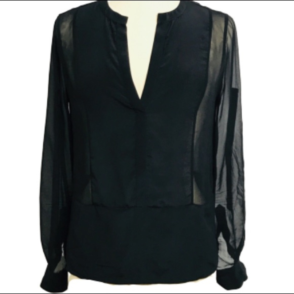 BCBGMaxazria Black Silk Sheer Panel Blouse Sz S
